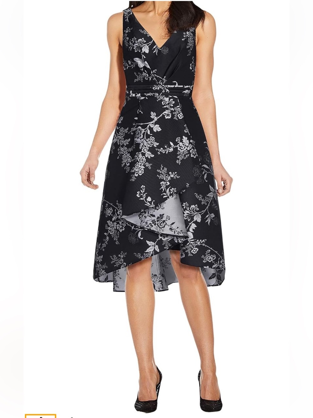 Adrianna Papell Black and White Draped Floral Hi‑Low Dress NWT